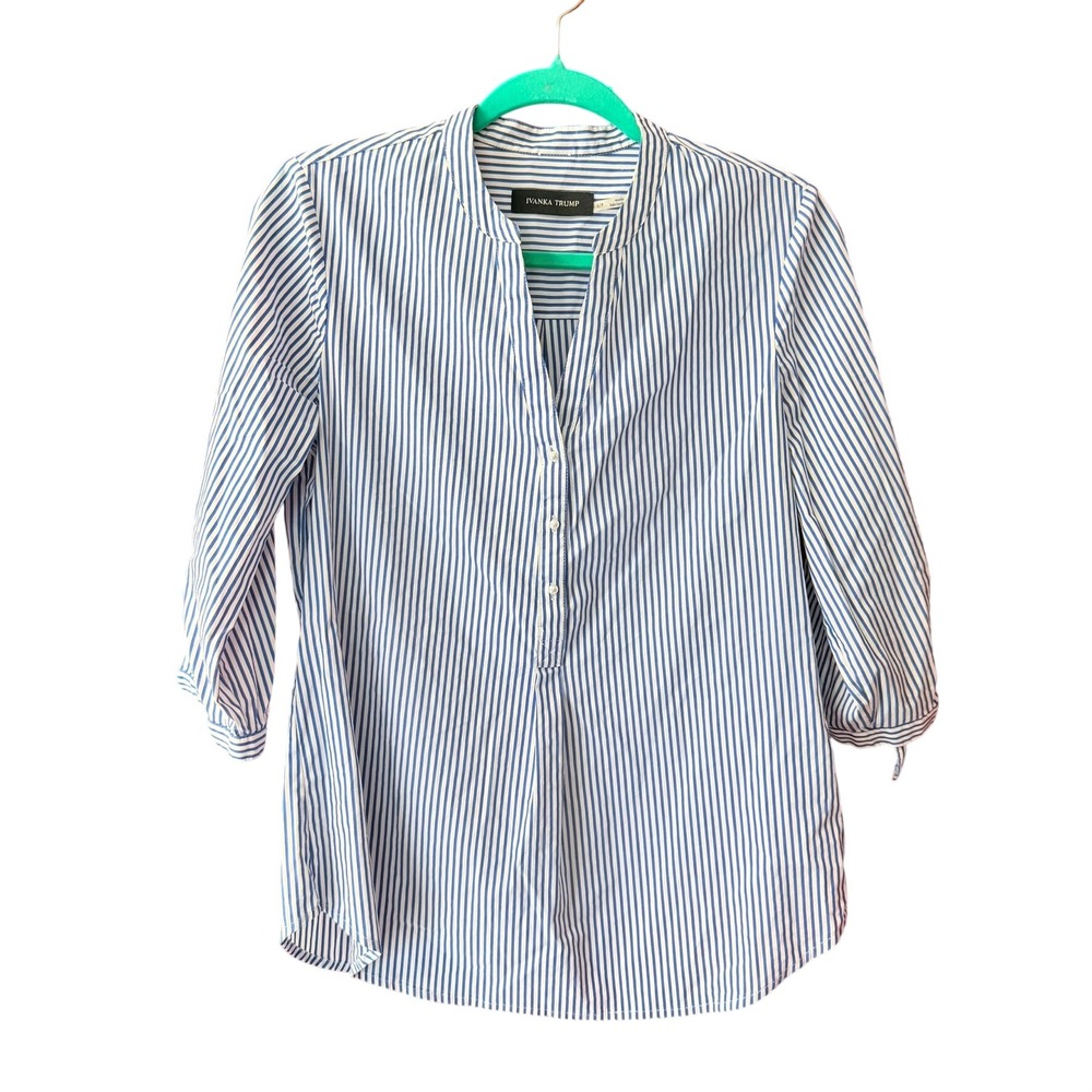 Ivanka Trump Womens Blue White Striped 3/4 Tie Sleeve Blouse Shirt Small S/P